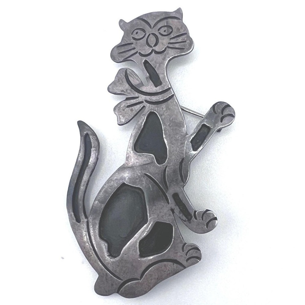 Vtg Taxco Mexico Sterling Silver 925 Brooch Pin Cat Kitten Enamel 2.5" 14g READ